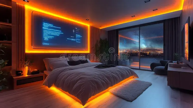 A calm, dark bedroom with optimised ambient lighting for restful sleep